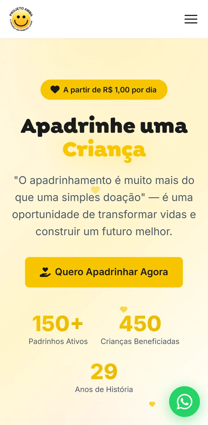 Site do Projeto AMMA no celular — página de apadrinhamento, a partir de R$ 1,00 por dia