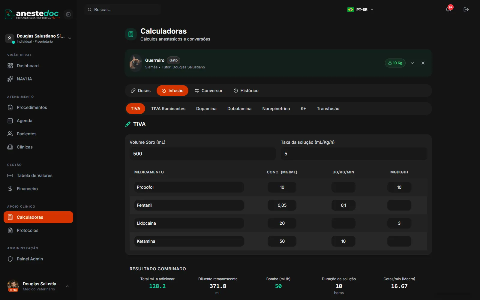 AnesteDoc — calculadora de infusão (TIVA) com resultado combinado por paciente