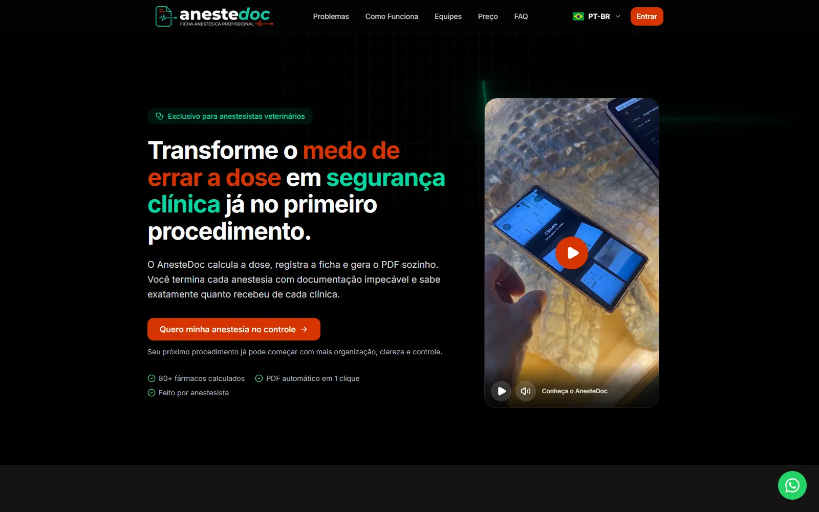 Landing page do AnesteDoc com vídeo de apresentação