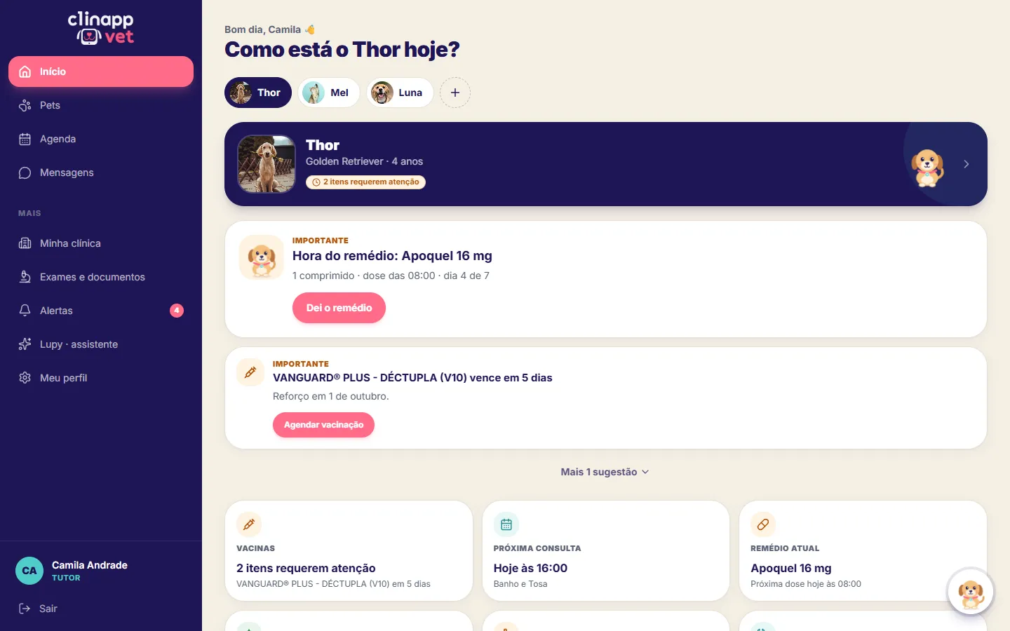 Clinapp Vet — início do tutor com os pets e as próximas ações (dados de demonstração)