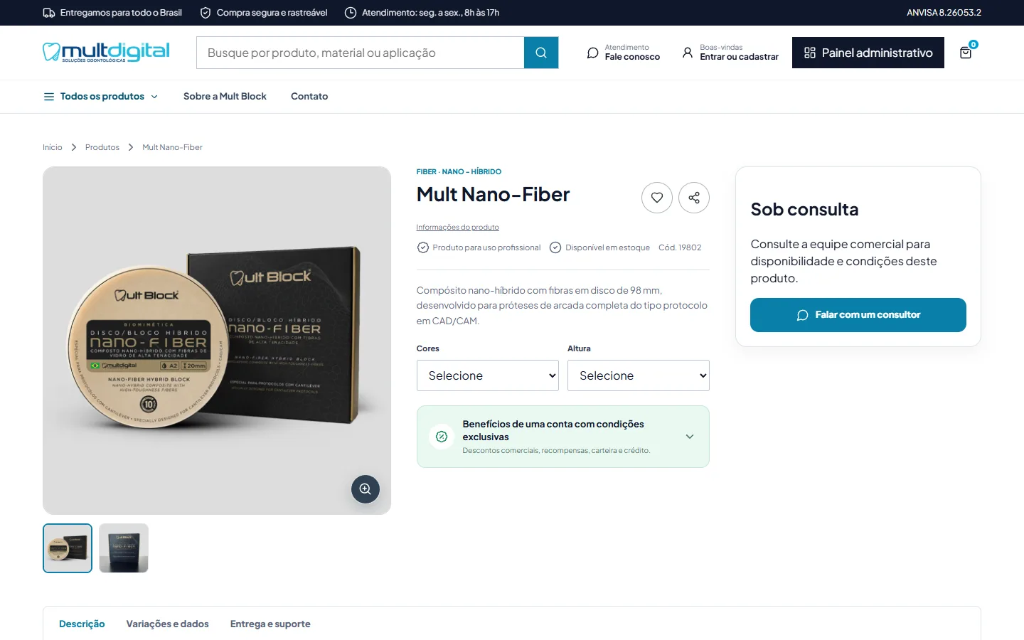 Loja da Mult Block — página do produto Mult Nano-Fiber, disco híbrido com fibras para CAD/CAM